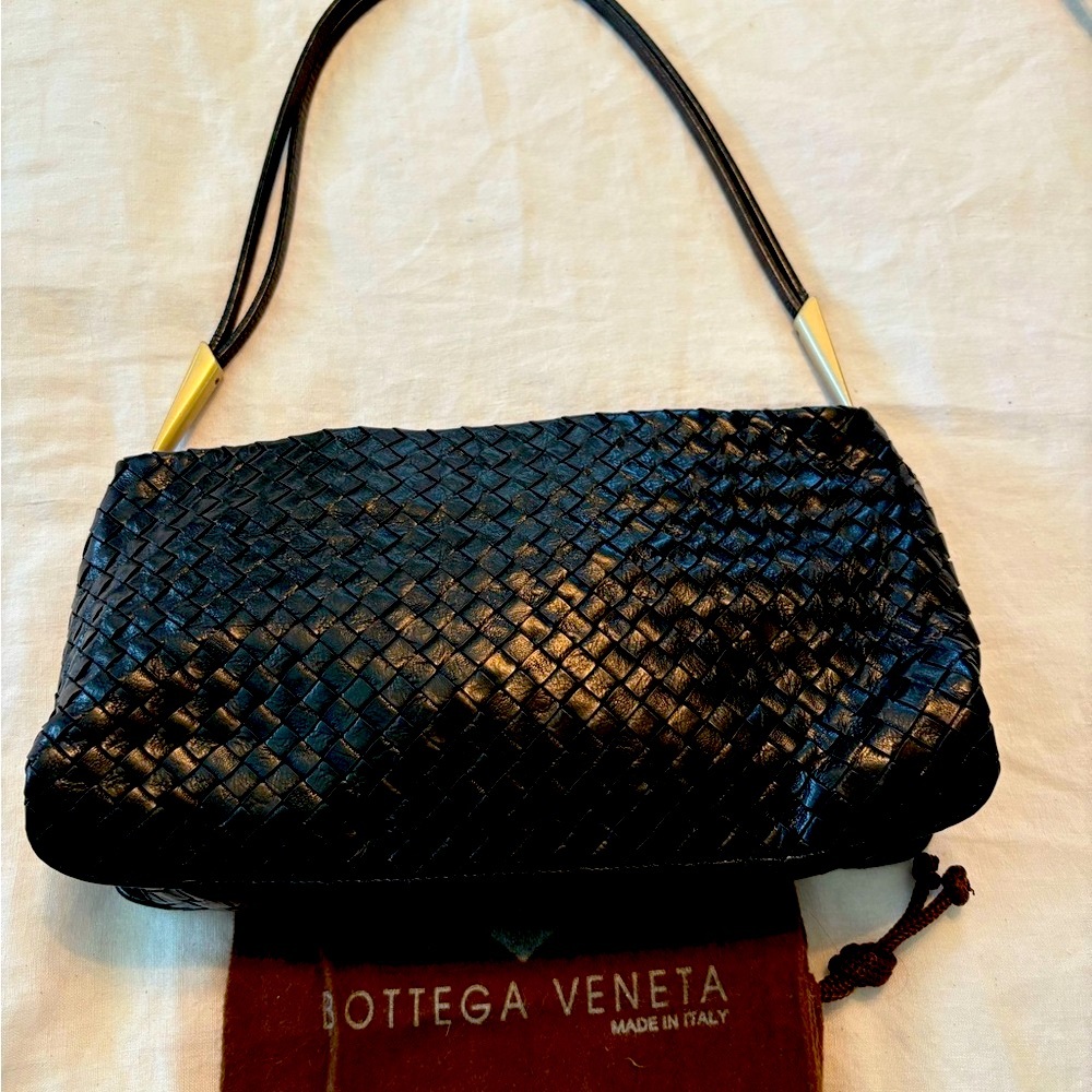 Bottega Veneta Black Dark Woven Leather Shoulder Bag